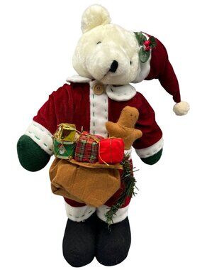 Santa Bear Plush Decor Holding Gifts Red Velvet Outfit Christmas 22" Tall READ